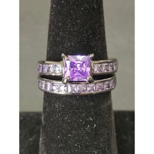Purple Zircon Princess Cut Ring Set 925 Black Silver Engagement Goth Vamp Size 6